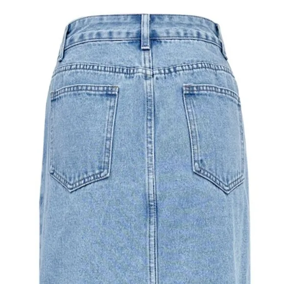 Asymmetrical High-Rise Distressed Cut Denim Frayed Retro Pencil Jean Midi Skirt