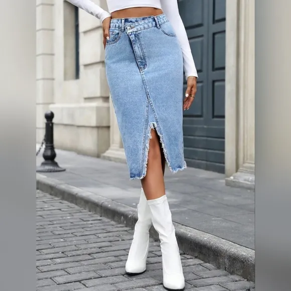 Asymmetrical High-Rise Distressed Cut Denim Frayed Retro Pencil Jean Midi Skirt