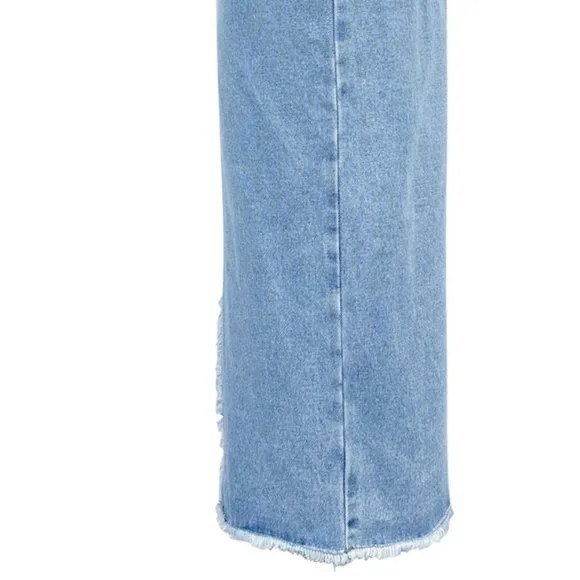 Asymmetrical High-Rise Distressed Cut Denim Frayed Retro Pencil Jean Midi Skirt