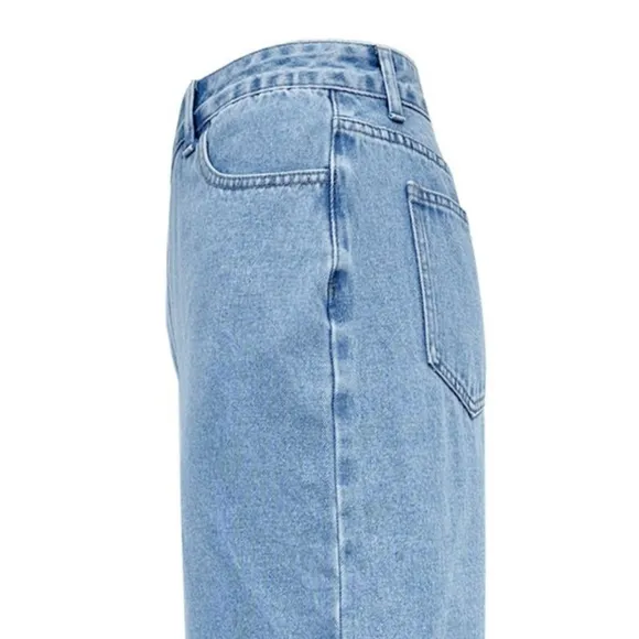 Asymmetrical High-Rise Distressed Cut Denim Frayed Retro Pencil Jean Midi Skirt