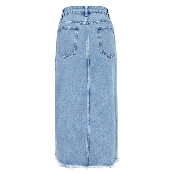 Asymmetrical High-Rise Distressed Cut Denim Frayed Retro Pencil Jean Midi Skirt