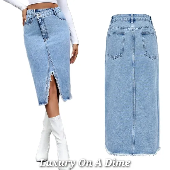 Asymmetrical High-Rise Distressed Cut Denim Frayed Retro Pencil Jean Midi Skirt