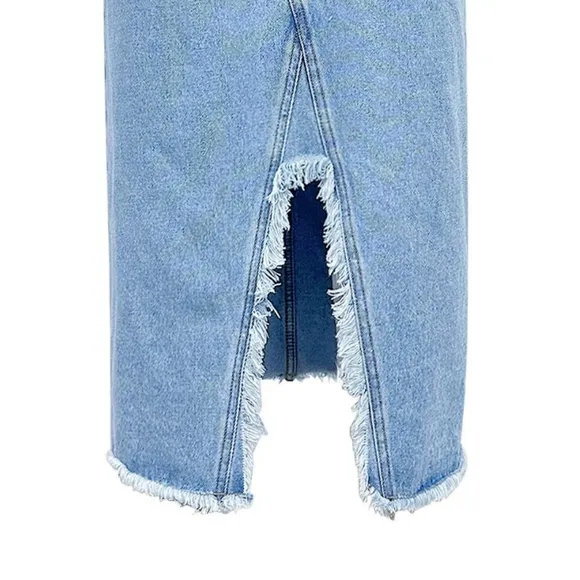 Asymmetrical High-Rise Distressed Cut Denim Frayed Retro Pencil Jean Midi Skirt