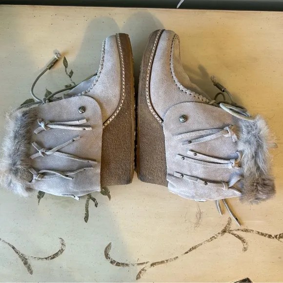 Australia Luxe Collective Light Tan Suede Rabbit Fur Fringe Lace Up Wedge Boots