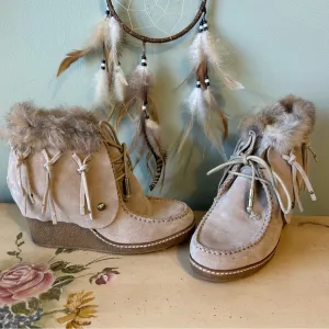 Australia Luxe Collective Light Tan Suede Rabbit Fur Fringe Lace Up Wedge Boots