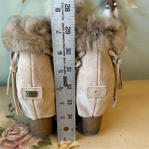 Australia Luxe Collective Light Tan Suede Rabbit Fur Fringe Lace Up Wedge Boots