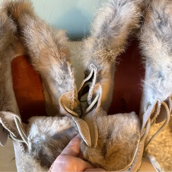 Australia Luxe Collective Light Tan Suede Rabbit Fur Fringe Lace Up Wedge Boots