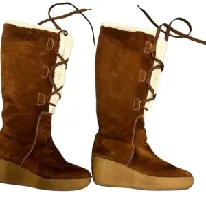 Authentic MICHAEL KORS lace up winter shearling boots knee length wedge heel sz9