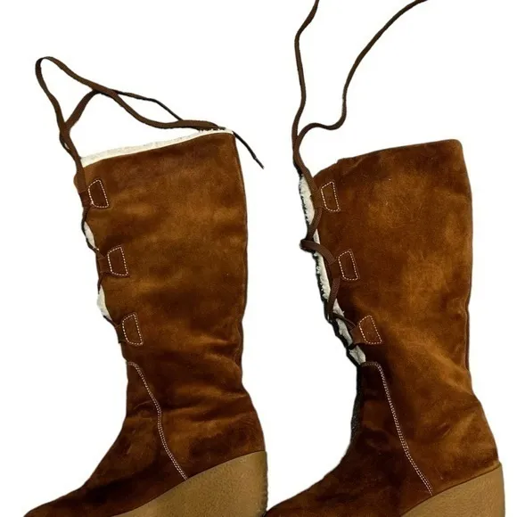 Authentic MICHAEL KORS lace up winter shearling boots knee length wedge heel sz9