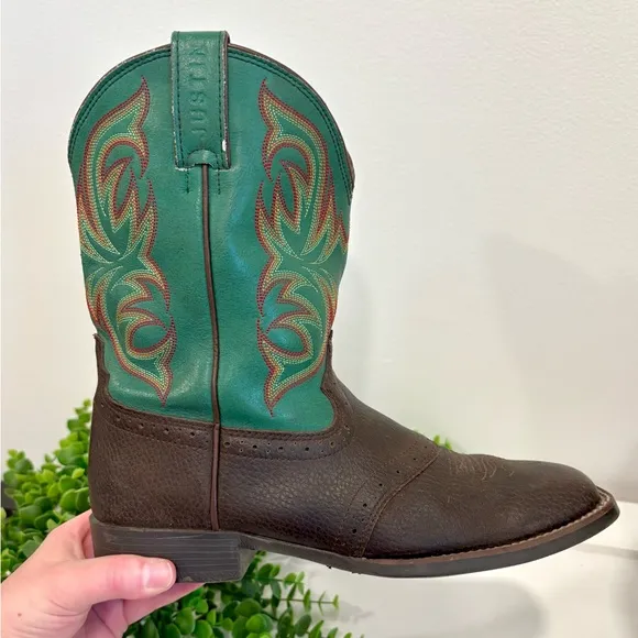 Awesome Genuine Leather Brown &amp; Teal Stitched Justin Cowboy Boots Youth 7201 JR