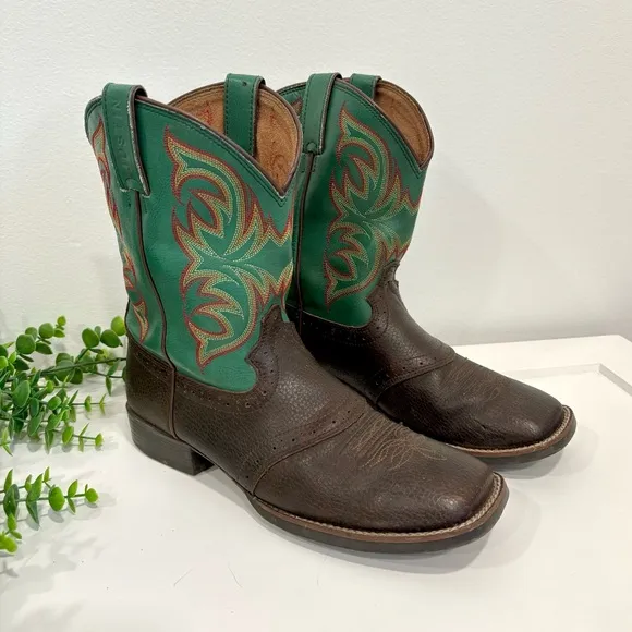 Awesome Genuine Leather Brown &amp; Teal Stitched Justin Cowboy Boots Youth 7201 JR