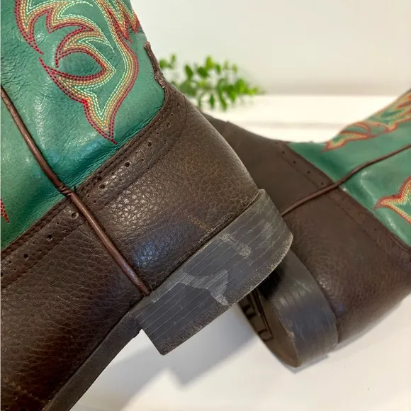 Awesome Genuine Leather Brown &amp; Teal Stitched Justin Cowboy Boots Youth 7201 JR