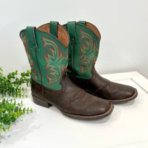 Awesome Genuine Leather Brown &amp; Teal Stitched Justin Cowboy Boots Youth 7201 JR