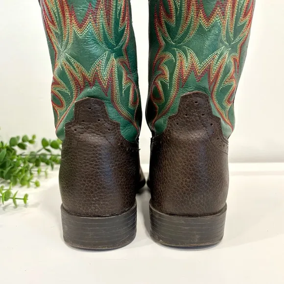 Awesome Genuine Leather Brown &amp; Teal Stitched Justin Cowboy Boots Youth 7201 JR