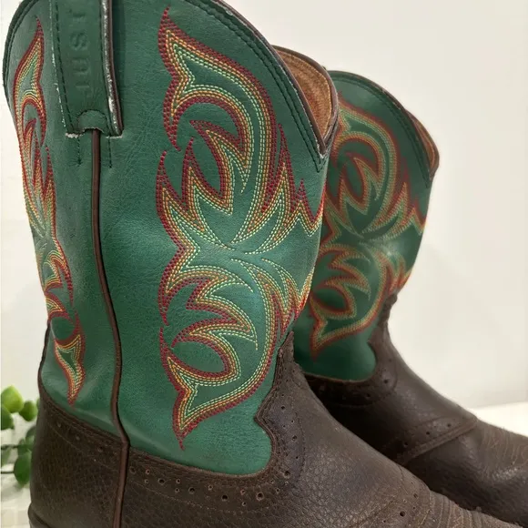 Awesome Genuine Leather Brown &amp; Teal Stitched Justin Cowboy Boots Youth 7201 JR