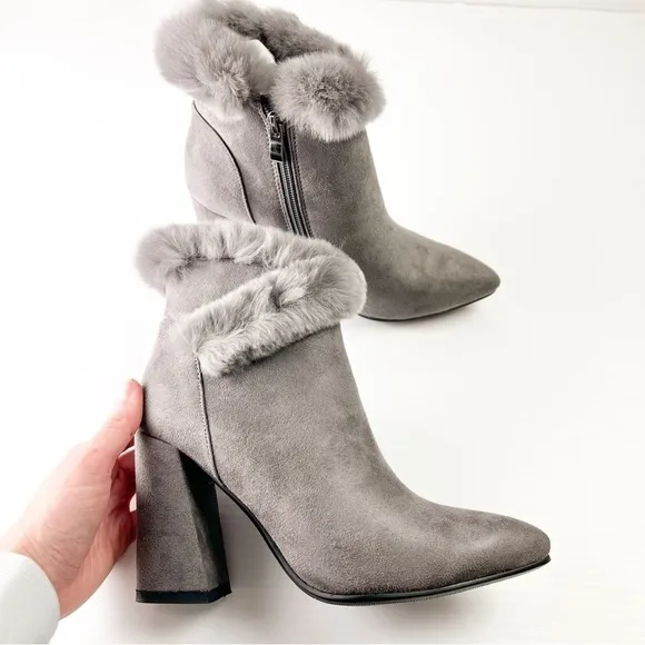 Azura Bootie Womens size 6 Janesa Grey Ankle Boots Faux Fur Micro Suede