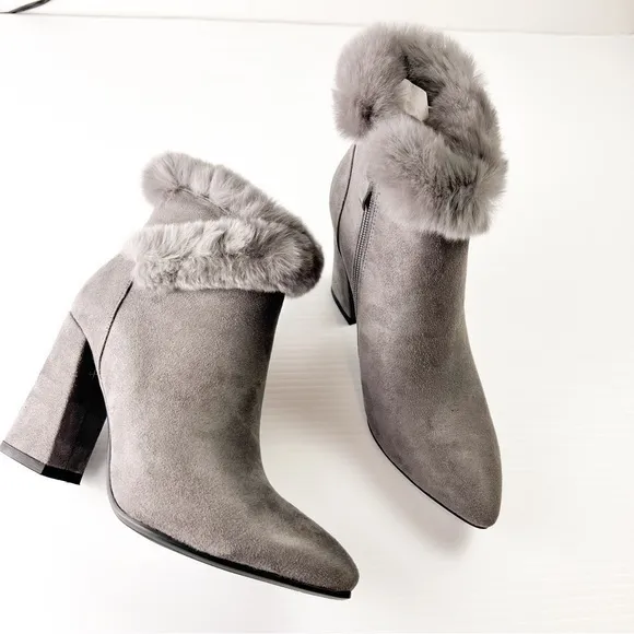 Azura Bootie Womens size 6 Janesa Grey Ankle Boots Faux Fur Micro Suede