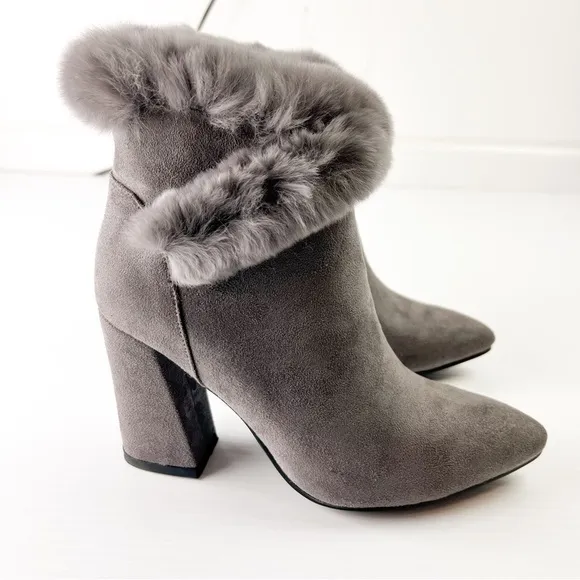 Azura Bootie Womens size 6 Janesa Grey Ankle Boots Faux Fur Micro Suede