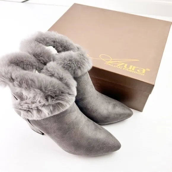 Azura Bootie Womens size 6 Janesa Grey Ankle Boots Faux Fur Micro Suede