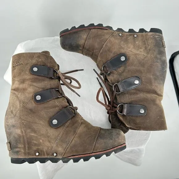 B5 Sorel NL1987 Women Joan of Arctic Wedge Heel Waterproof Lace Up Boots Leather