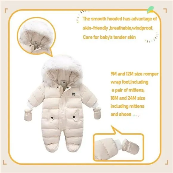 Baby Winter Snowsuit Warm Zipper Onesie  Fur Hooded Coat with Mittens Shoes
