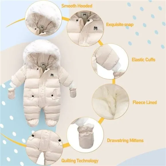 Baby Winter Snowsuit Warm Zipper Onesie  Fur Hooded Coat with Mittens Shoes