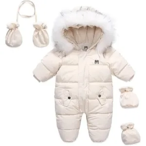 Baby Winter Snowsuit Warm Zipper Onesie  Fur Hooded Coat with Mittens Shoes