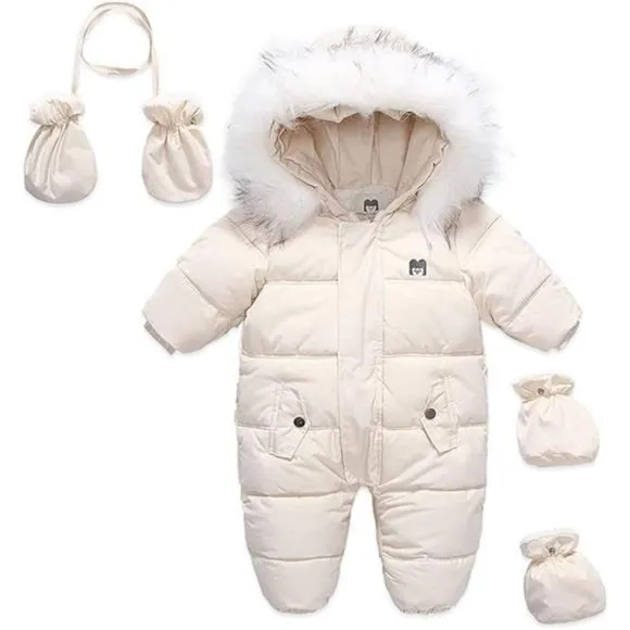 Baby Winter Snowsuit Warm Zipper Onesie  Fur Hooded Coat with Mittens Shoes