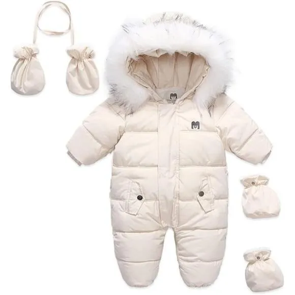 Baby Winter Snowsuit Warm Zipper Onesie  Fur Hooded Coat with Mittens Shoes