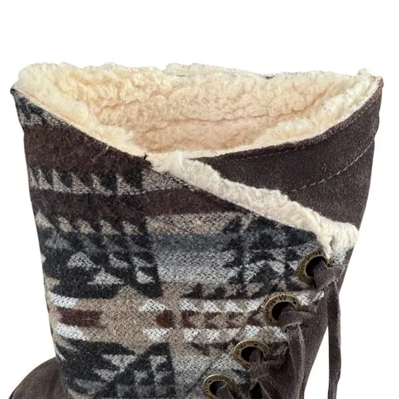 BEARPAW Kathy Winter Suede Snow Boots Hickory Aztec back Insulated Size 6
