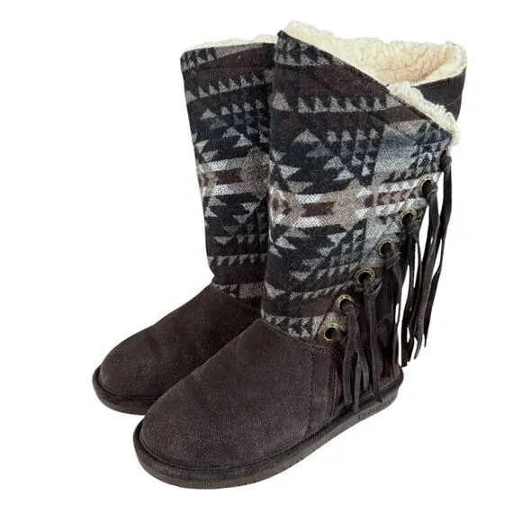 BEARPAW Kathy Winter Suede Snow Boots Hickory Aztec back Insulated Size 6