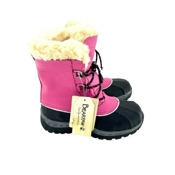 Bearpaw Kelly Boots Pink Leather Fur Lined Girls Toddler Youth SZ 2 New