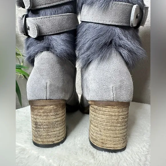 BEARPAW Women’s Madeline Gray Fog Suede Fur Block-Heel Boots Sz US 7