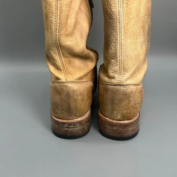 Bed Stu Manchester Distressed Tall Boots Womens Size 6.5 Tan Shoes Back Lace