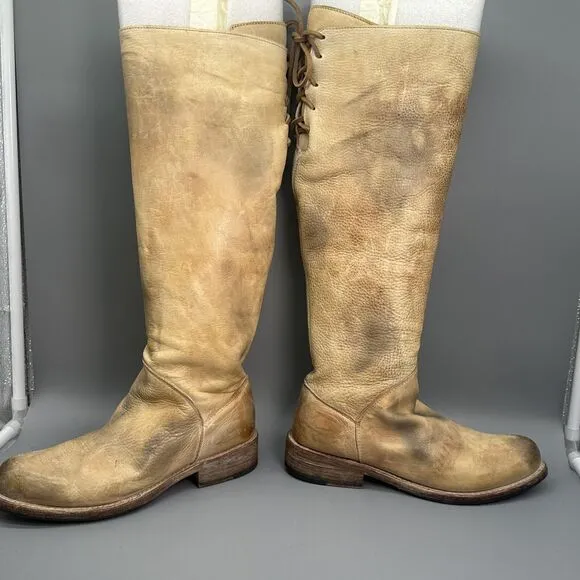 Bed Stu Manchester Distressed Tall Boots Womens Size 6.5 Tan Shoes Back Lace