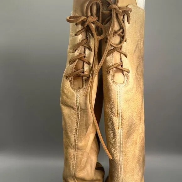 Bed Stu Manchester Distressed Tall Boots Womens Size 6.5 Tan Shoes Back Lace