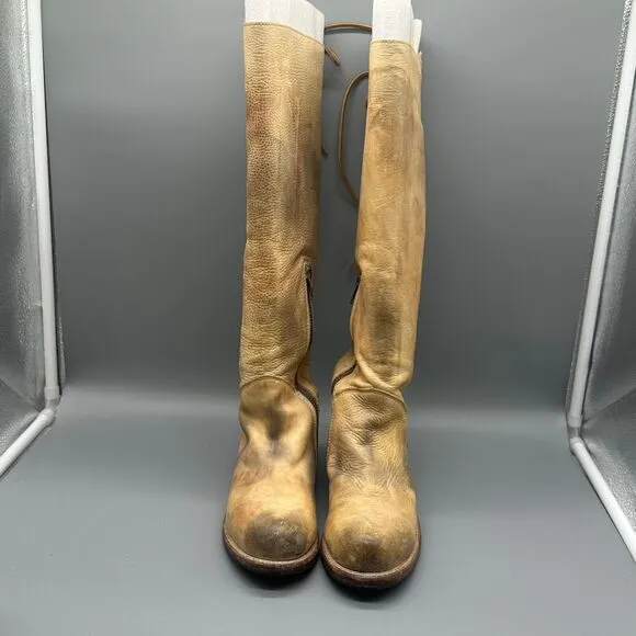Bed Stu Manchester Distressed Tall Boots Womens Size 6.5 Tan Shoes Back Lace