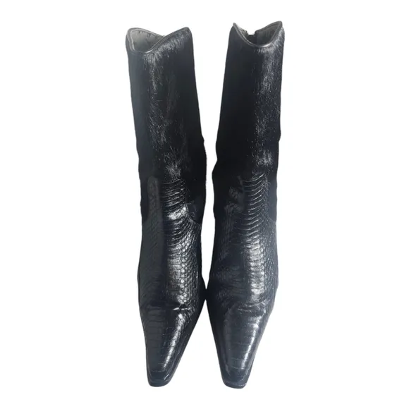 Black Exotic Snake Print Western Short Boots Synthetic Black Fur Size 10