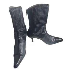 Black Exotic Snake Print Western Short Boots Synthetic Black Fur Size 10