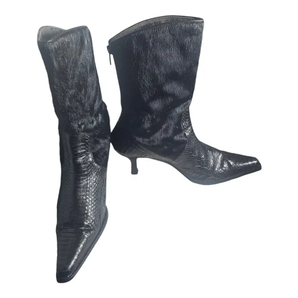 Black Exotic Snake Print Western Short Boots Synthetic Black Fur Size 10