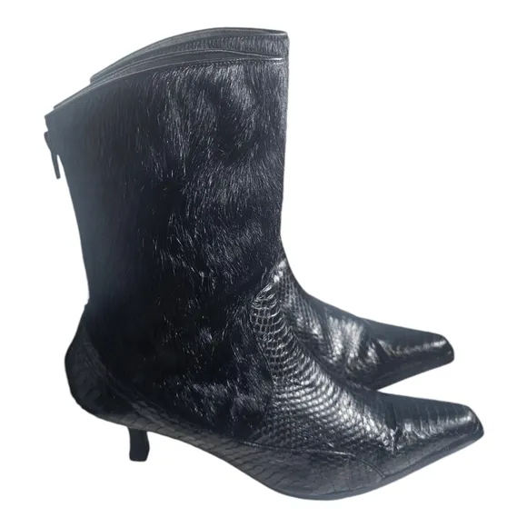 Black Exotic Snake Print Western Short Boots Synthetic Black Fur Size 10