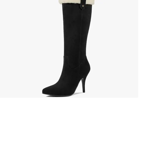 BLACK IVORY LEATHER FAUX FUR KNEE HIGH BOOTS!