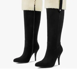 BLACK IVORY LEATHER FAUX FUR KNEE HIGH BOOTS!