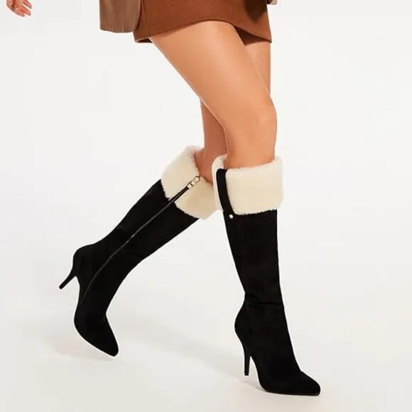 BLACK IVORY LEATHER FAUX FUR KNEE HIGH BOOTS!
