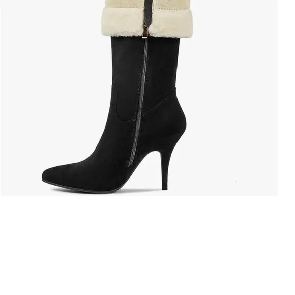 BLACK IVORY LEATHER FAUX FUR KNEE HIGH BOOTS!