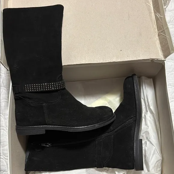 Black Mid-Calf Suede Boots with Sparkly Trim