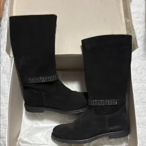 Black Mid-Calf Suede Boots with Sparkly Trim