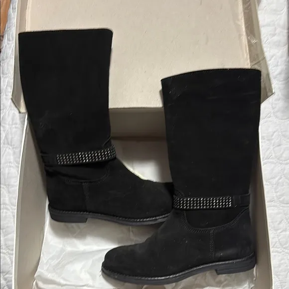 Black Mid-Calf Suede Boots with Sparkly Trim