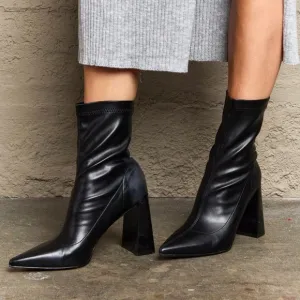Black Pointed High Block Heel Boots