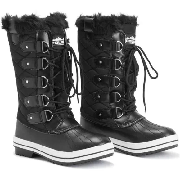 Black Rubber Polar‎ Nylon Tall Winter Snow Cold Shoes Boot for Adult Women